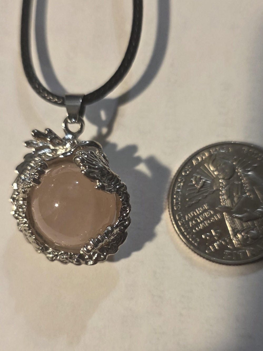 Silver Dragon Rose Quartz Pendant Necklace - Pink Stone